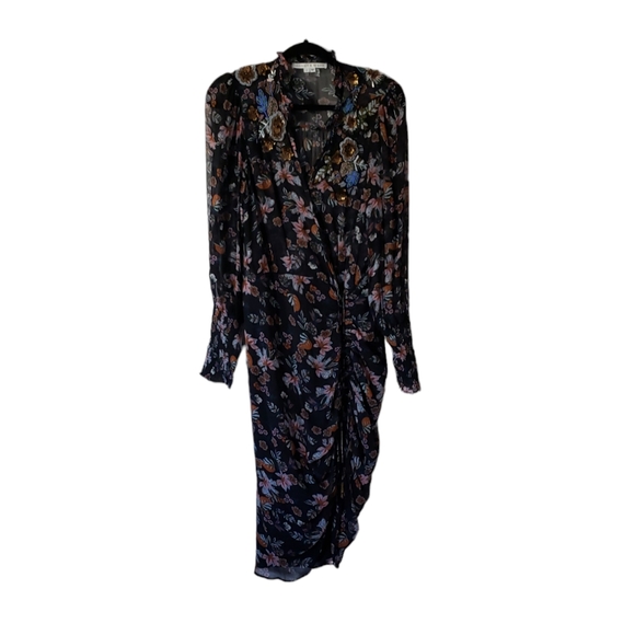 Veronica Beard Shaia Embellished Ruched Ruffle Sleeve Dress in Black Multi Sz 6 - Picture 5 of 13